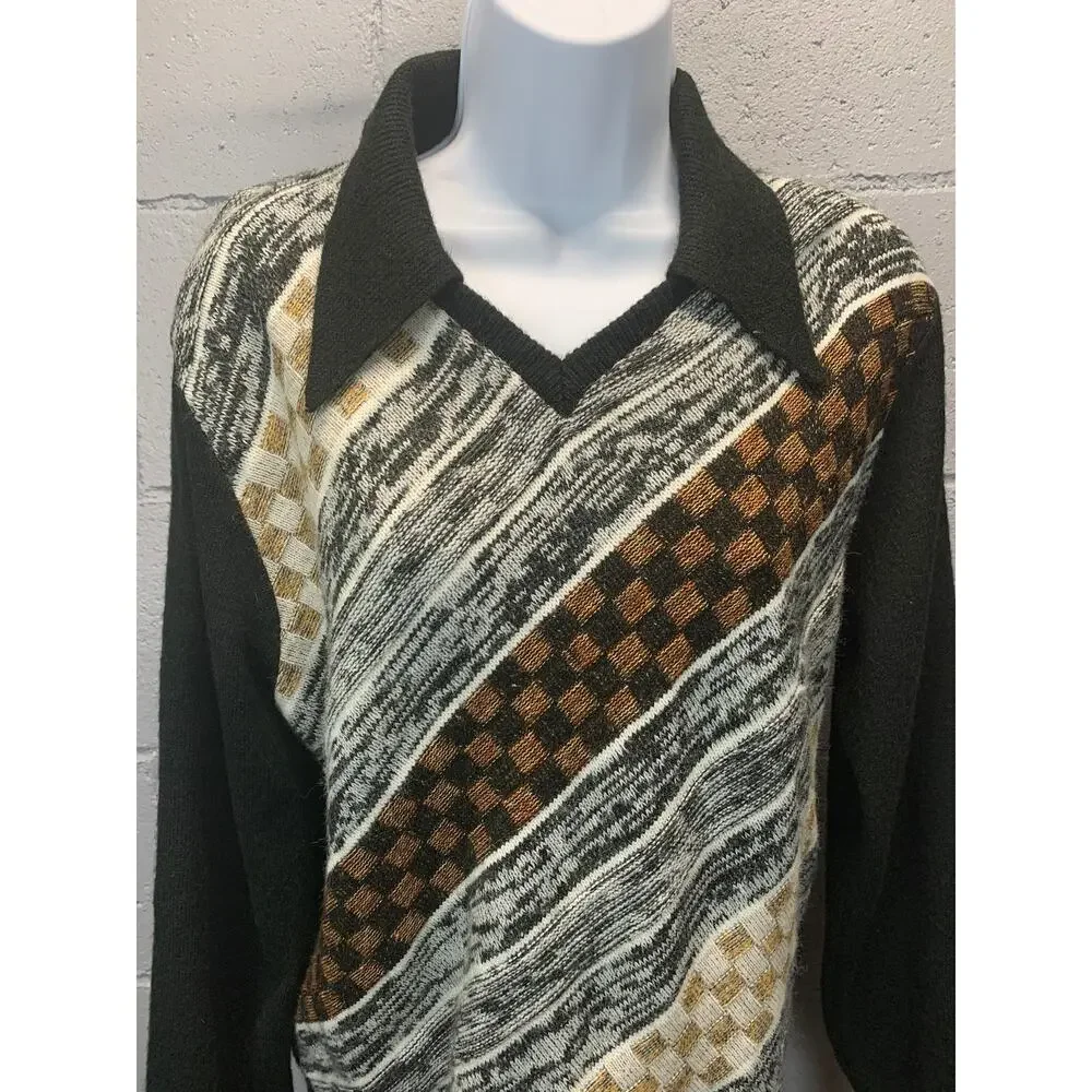 Vintage 1970s Collared Color Block Checkered Sweater V Neck Dagger Collar Unisex